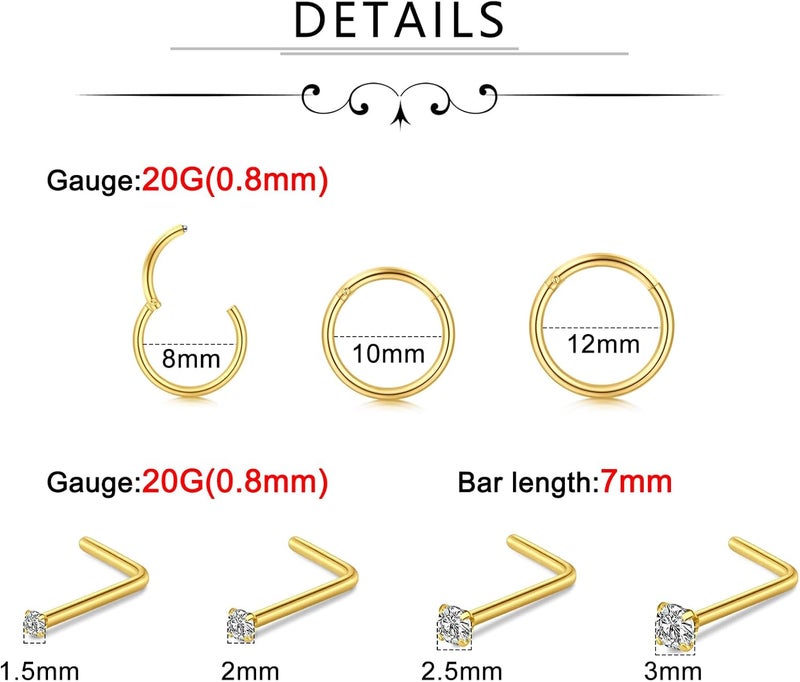 Incaton 20G Stainless Steel Nose Rings for Women Nose Rings Hoops L Shaped Nose Studs Screw Nose Piercing Jewelry for Women Men Silver Rose Gold Black Rainbow - Image 2